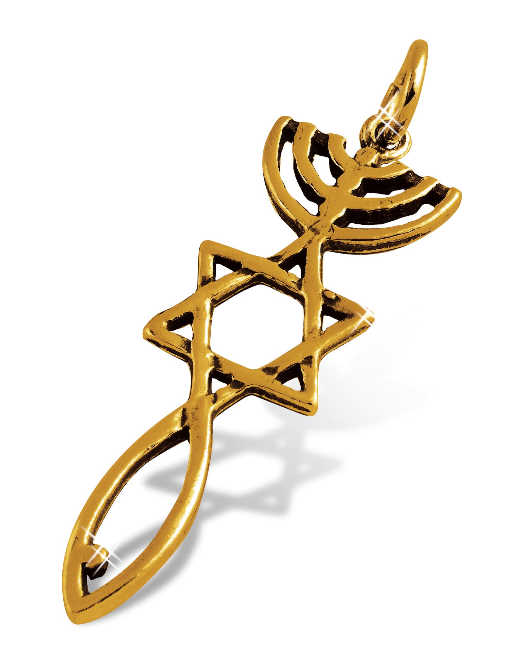 Hanger Menora-Davidster-Ichtus verguld